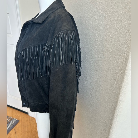 Wilson’s Vintage Fringe Bomber Jacket Small Black Suede Zipper Front - Picture 5 of 11